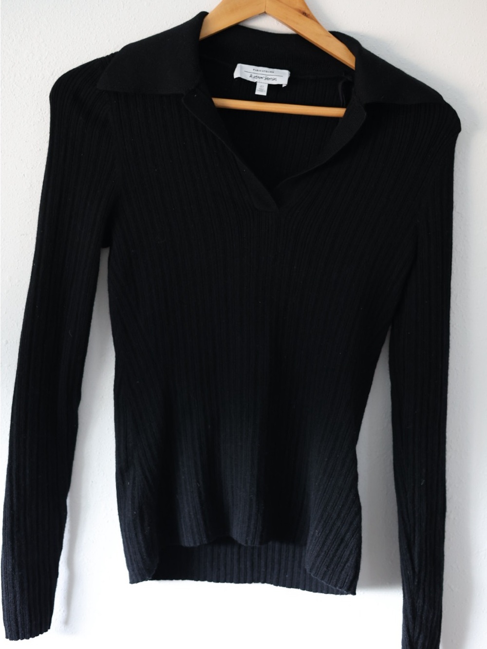 & Other Stories Black Ribbed Collared V-Neck wool blend Sweater